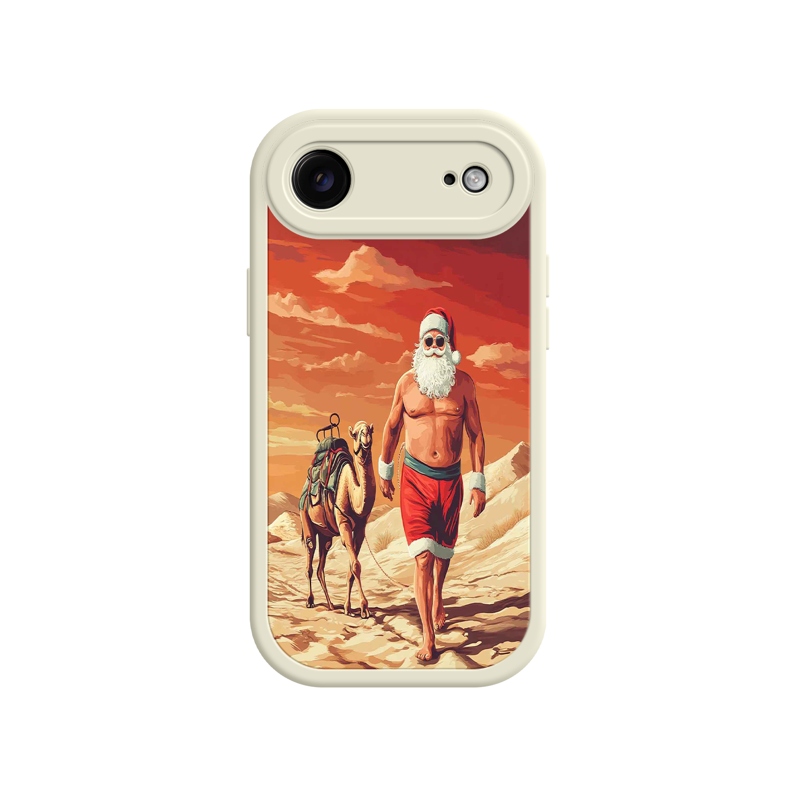 Desert Santa iPhone 17 Case – Funny Christmas Design, Muscular Santa & Camel, Holiday Heat Vibes