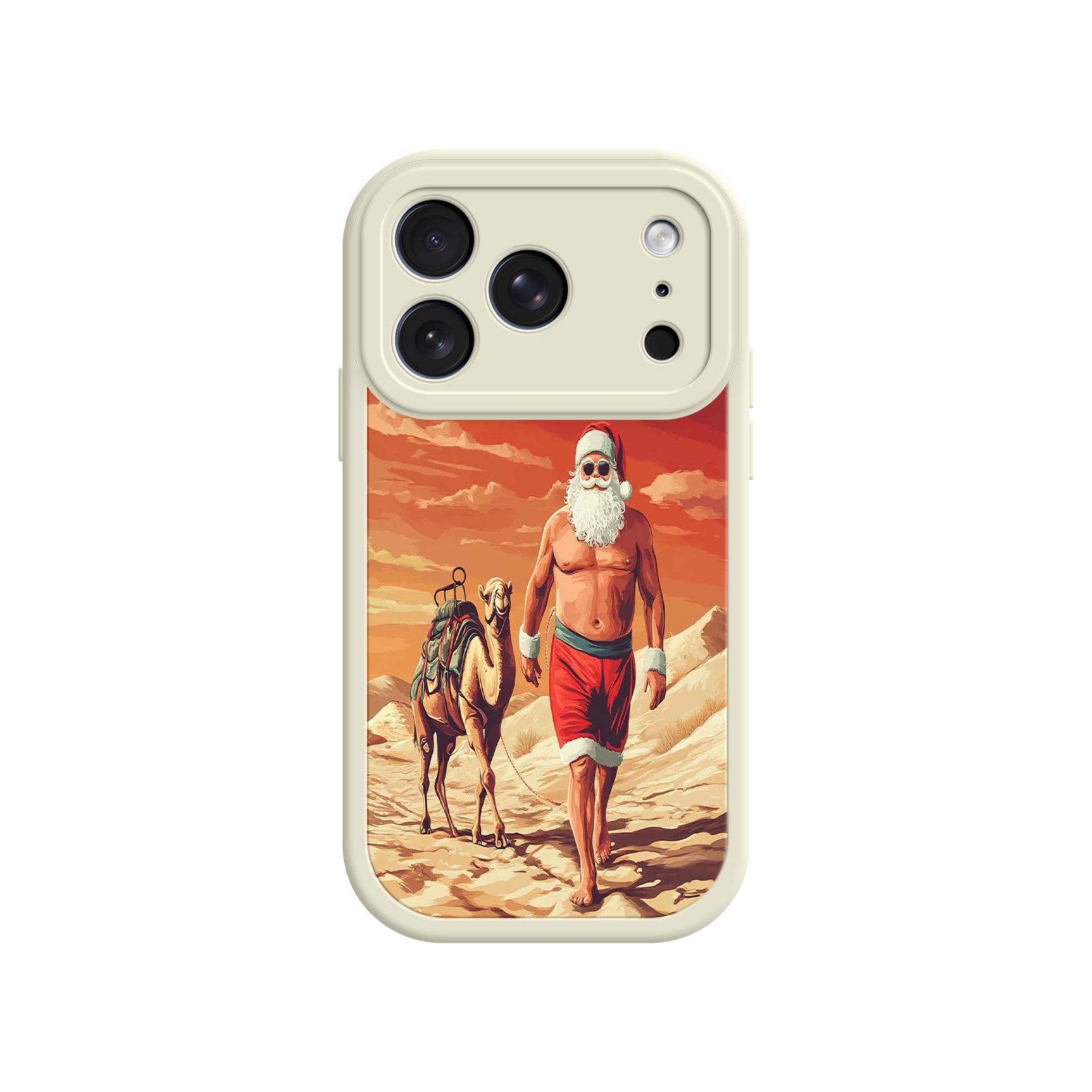Desert Santa iPhone 17 Case – Funny Christmas Design, Muscular Santa & Camel, Holiday Heat Vibes
