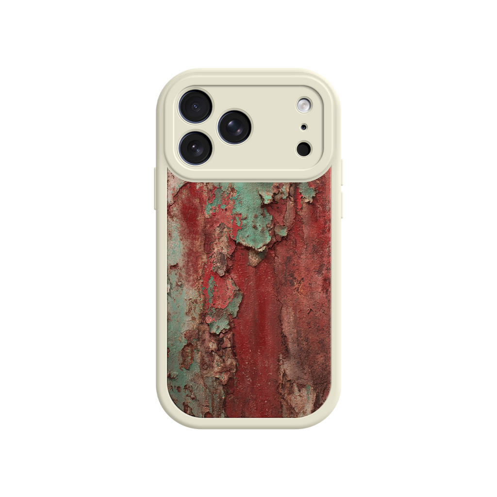 Artistic distressed metal phone case – aged red and green design